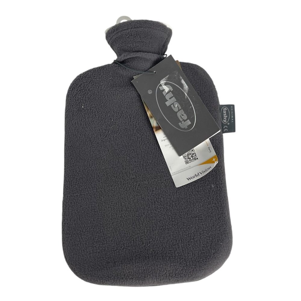 Fashy Hot Water Bottle with Fleece Cover — 2.0 L, Charcoal, Brand New